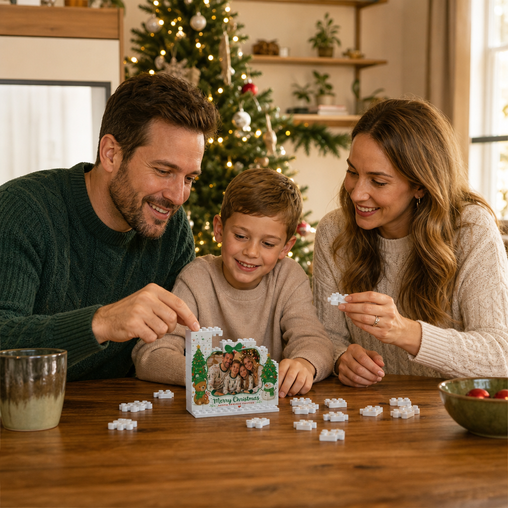 Personalized Photo Horizontal Christmas Building Block in Off-White & Green, Custom Family Picture Twin Xmas Trees & Teddy Bear Brick Puzzle Keepsake Decor, Festive Holiday Desk Gift