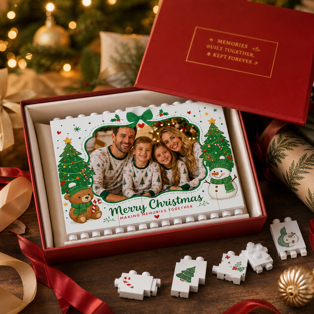 Personalized Photo Horizontal Christmas Building Block in Off-White & Green, Custom Family Picture Twin Xmas Trees & Teddy Bear Brick Puzzle Keepsake Decor, Festive Holiday Desk Gift