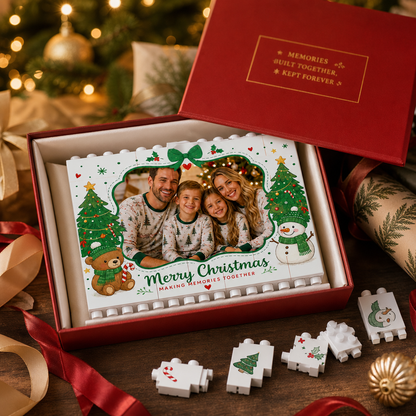 Personalized Photo Horizontal Christmas Building Block in Off-White & Green, Custom Family Picture Twin Xmas Trees & Teddy Bear Brick Puzzle Keepsake Decor, Festive Holiday Desk Gift