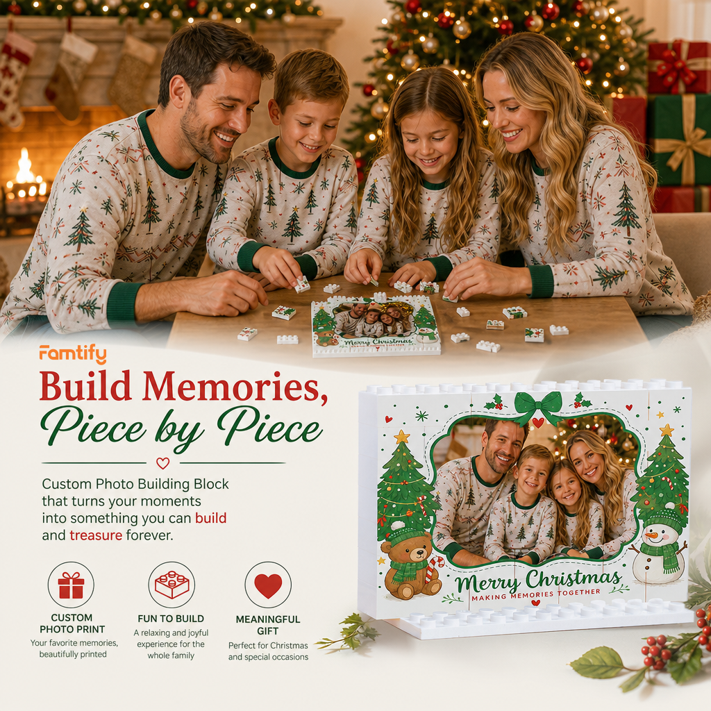 Personalized Photo Horizontal Christmas Building Block in Off-White & Green, Custom Family Picture Twin Xmas Trees & Teddy Bear Brick Puzzle Keepsake Decor, Festive Holiday Desk Gift