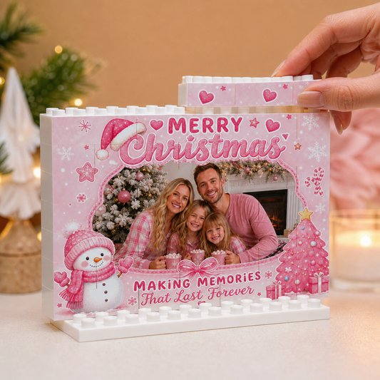 Personalized Photo Christmas Building Block in Pastel Pink & White, Custom Family Picture Xmas Brick Puzzle Keepsake Decor, Festive Pink Holiday Desk Gift
