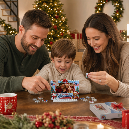 Personalized Photo Horizontal Christmas Building Block in Sky Blue & Red, Custom Family Picture Patriotic God Bless America Snowman Brick Puzzle Keepsake Decor, Festive Holiday Desk Gift