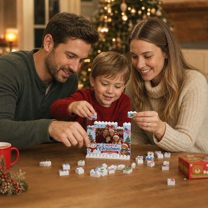 Personalized Photo Horizontal Christmas Building Block in Sky Blue & Red, Custom Family Picture Patriotic God Bless America Snowman Brick Puzzle Keepsake Decor, Festive Holiday Desk Gift