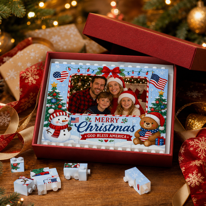 Personalized Photo Horizontal Christmas Building Block in Sky Blue & Red, Custom Family Picture Patriotic God Bless America Snowman Brick Puzzle Keepsake Decor, Festive Holiday Desk Gift