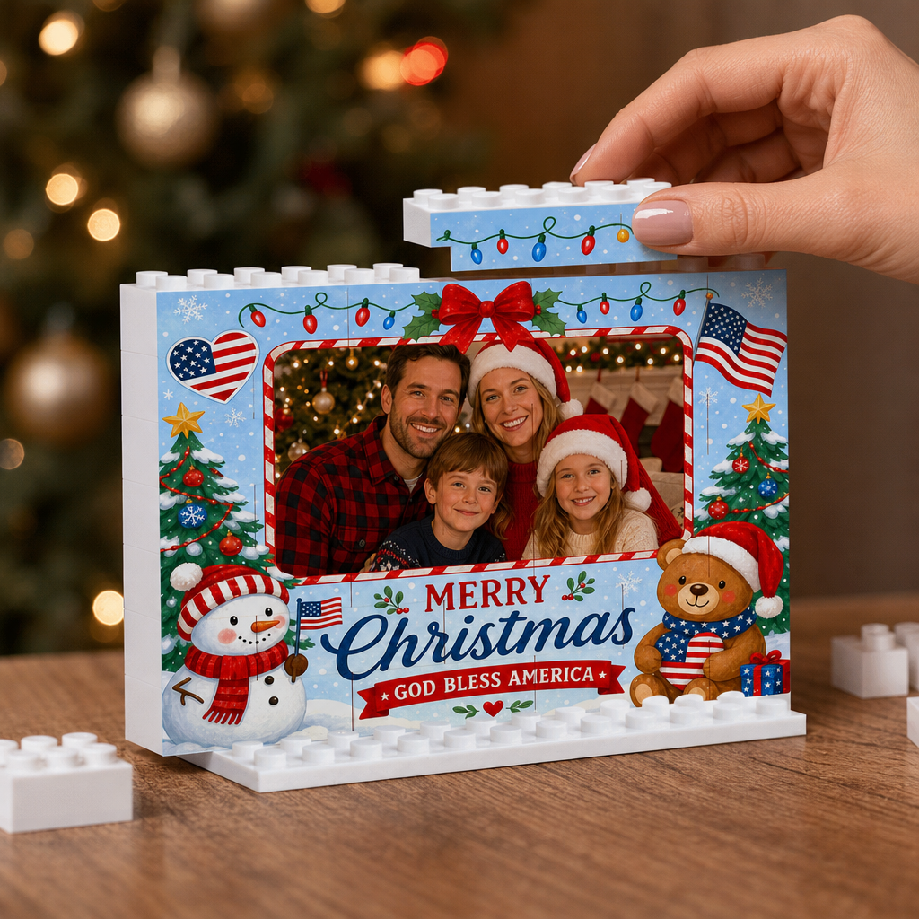 Personalized Photo Horizontal Christmas Building Block in Sky Blue & Red, Custom Family Picture Patriotic God Bless America Snowman Brick Puzzle Keepsake Decor, Festive Holiday Desk Gift