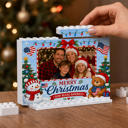 Personalized Photo Horizontal Christmas Building Block in Sky Blue & Red, Custom Family Picture Patriotic God Bless America Snowman Brick Puzzle Keepsake Decor, Festive Holiday Desk Gift