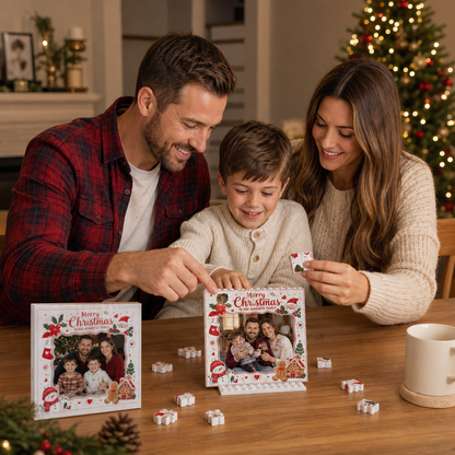 Personalized Photo Christmas Building Block in Off-White & Red, Custom Family Picture Vintage Santa Gingerbread Brick Puzzle Keepsake Decor, Festive Holiday Desk Gift
