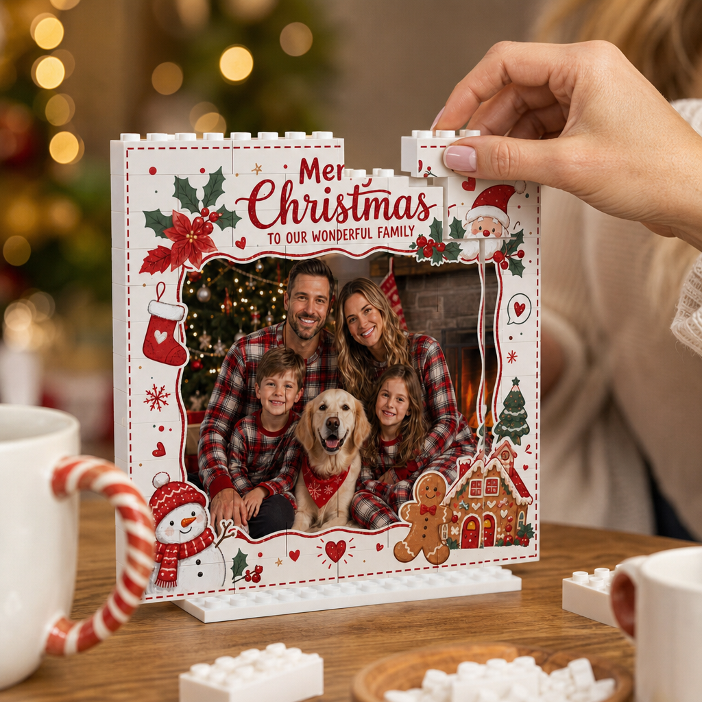 Personalized Photo Christmas Building Block in Off-White & Red, Custom Family Picture Vintage Santa Gingerbread Brick Puzzle Keepsake Decor, Festive Holiday Desk Gift