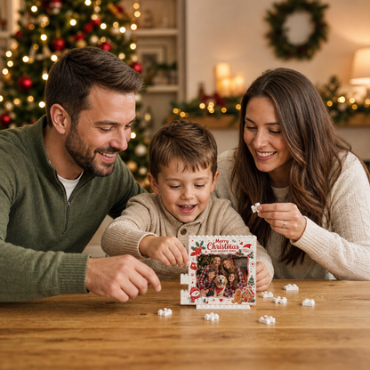 Personalized Photo Christmas Building Block in Off-White & Red, Custom Family Picture Vintage Santa Gingerbread Brick Puzzle Keepsake Decor, Festive Holiday Desk Gift