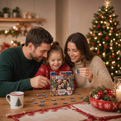 Personalized Photo Christmas Building Block in Navy Blue & Red, Custom Family Picture Patriotic God Bless America Snowman Brick Puzzle Keepsake Decor, Festive Holiday Desk Gift