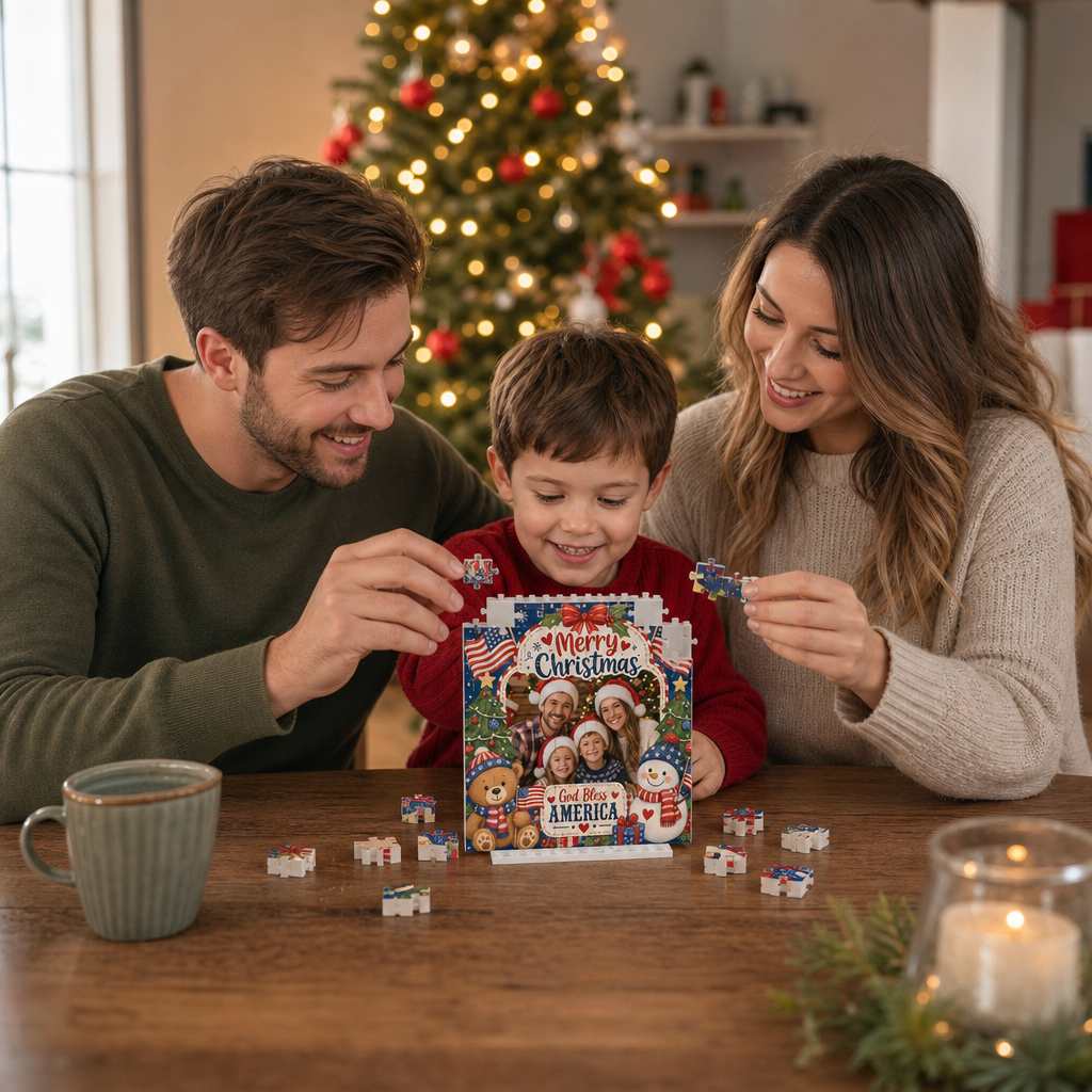 Personalized Photo Christmas Building Block in Navy Blue & Red, Custom Family Picture Patriotic God Bless America Snowman Brick Puzzle Keepsake Decor, Festive Holiday Desk Gift