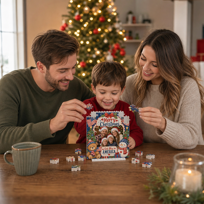 Personalized Photo Christmas Building Block in Navy Blue & Red, Custom Family Picture Patriotic God Bless America Snowman Brick Puzzle Keepsake Decor, Festive Holiday Desk Gift