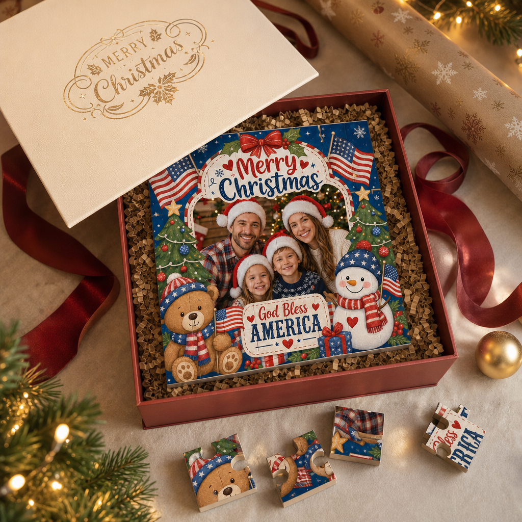 Personalized Photo Christmas Building Block in Navy Blue & Red, Custom Family Picture Patriotic God Bless America Snowman Brick Puzzle Keepsake Decor, Festive Holiday Desk Gift