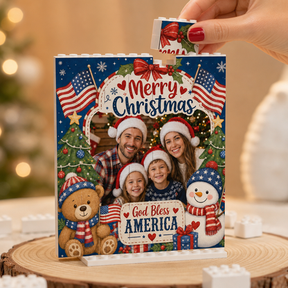 Personalized Photo Christmas Building Block in Navy Blue & Red, Custom Family Picture Patriotic God Bless America Snowman Brick Puzzle Keepsake Decor, Festive Holiday Desk Gift