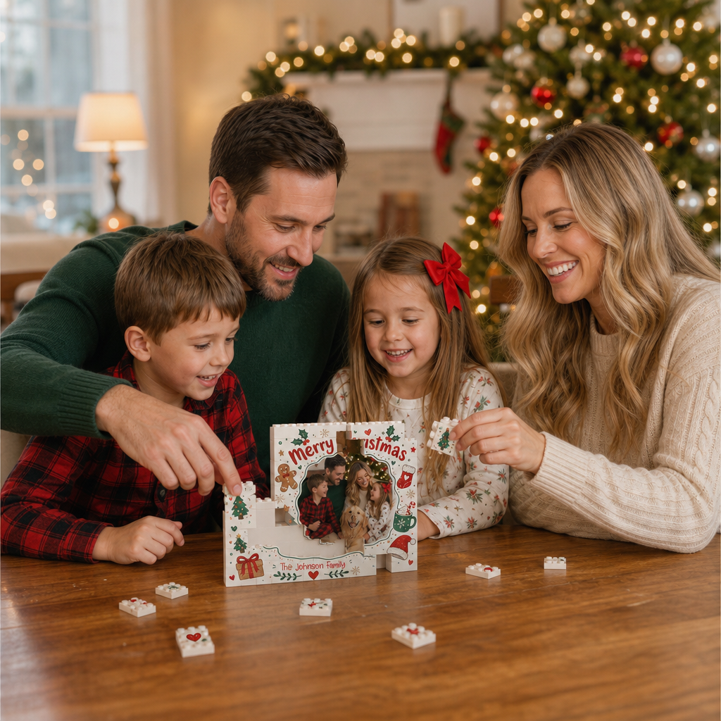 Personalized Photo Christmas Building Block in Warm Off-White, Custom Family Picture Vintage Gingerbread & Stocking Brick Puzzle Keepsake Decor, Festive Holiday Desk Gift