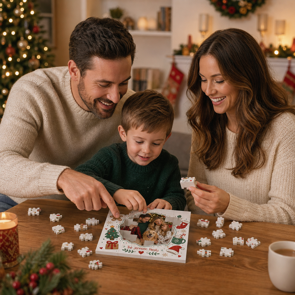 Personalized Photo Christmas Building Block in Warm Off-White, Custom Family Picture Vintage Gingerbread & Stocking Brick Puzzle Keepsake Decor, Festive Holiday Desk Gift