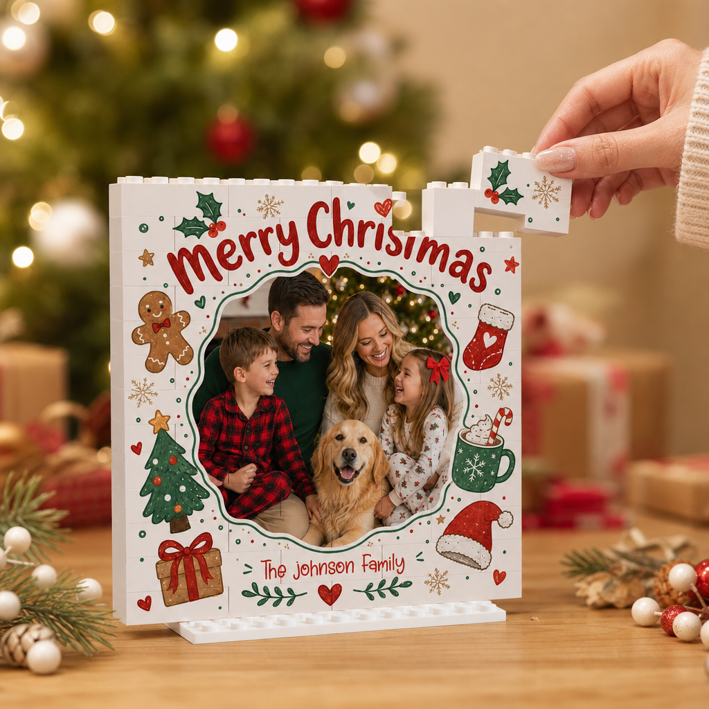 Personalized Photo Christmas Building Block in Warm Off-White, Custom Family Picture Vintage Gingerbread & Stocking Brick Puzzle Keepsake Decor, Festive Holiday Desk Gift