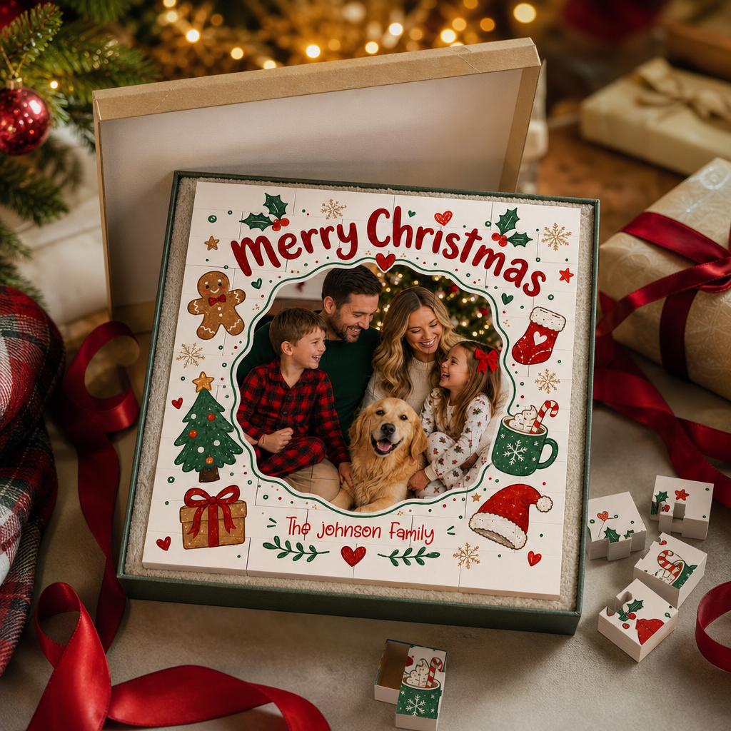 Personalized Photo Christmas Building Block in Warm Off-White, Custom Family Picture Vintage Gingerbread & Stocking Brick Puzzle Keepsake Decor, Festive Holiday Desk Gift