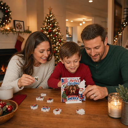 Personalized Photo Christmas Building Block in Off-White & Red, Custom Family Picture Patriotic American Flag Santa Brick Puzzle Keepsake Decor, Festive Holiday Desk Gift