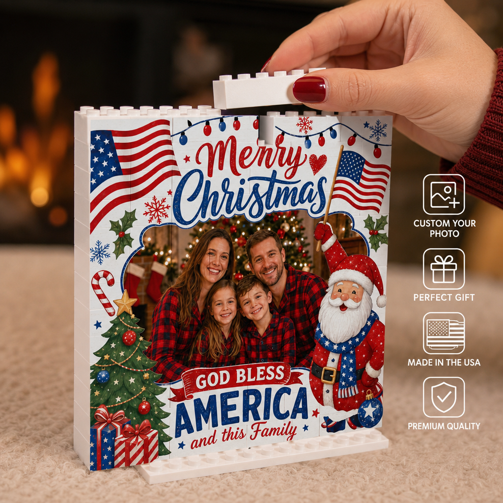 Personalized Photo Christmas Building Block in Off-White & Red, Custom Family Picture Patriotic American Flag Santa Brick Puzzle Keepsake Decor, Festive Holiday Desk Gift