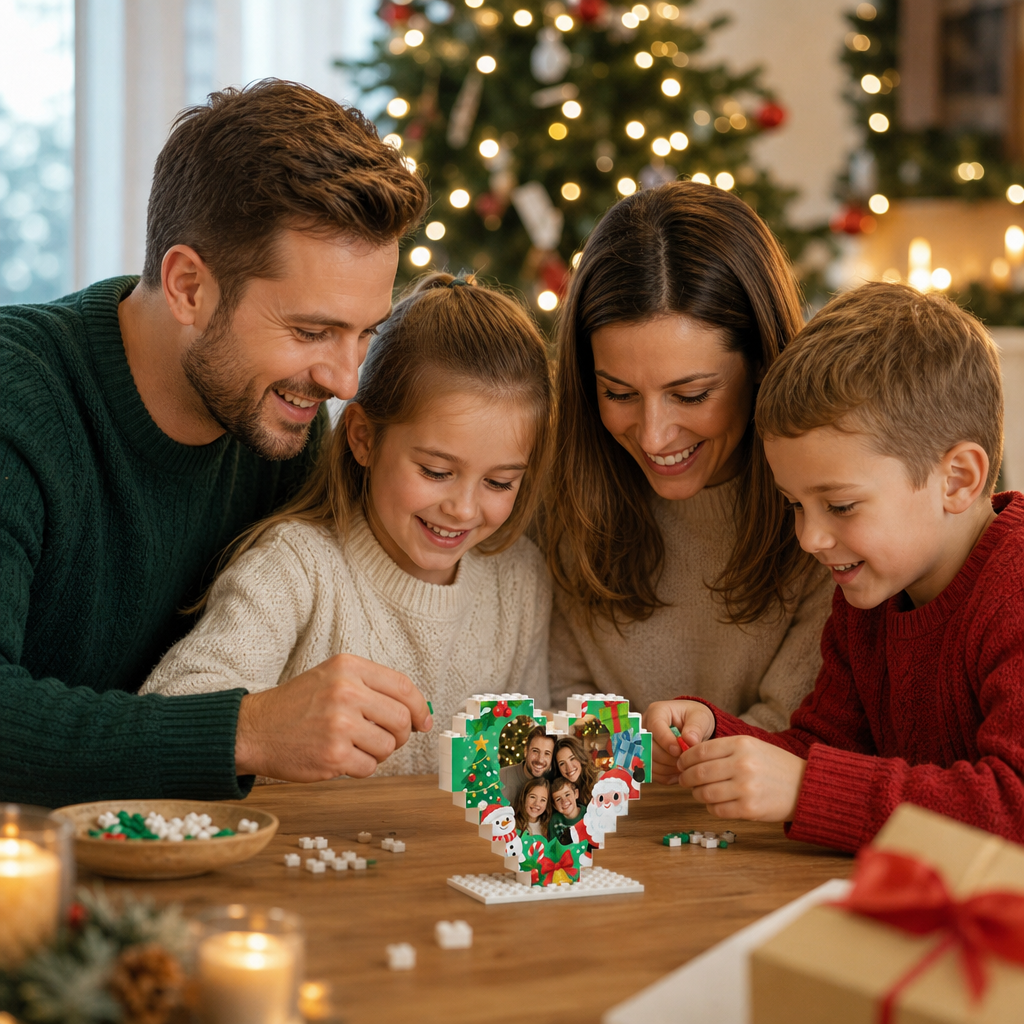 Personalized Photo Heart Building Block in Emerald Green & Red, Custom Family Picture Santa & Snowman Xmas Brick Puzzle Keepsake Decor, Festive Christmas Desk Gift