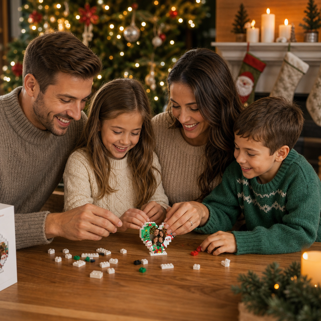 Personalized Photo Heart Building Block in Emerald Green & Red, Custom Family Picture Santa & Snowman Xmas Brick Puzzle Keepsake Decor, Festive Christmas Desk Gift