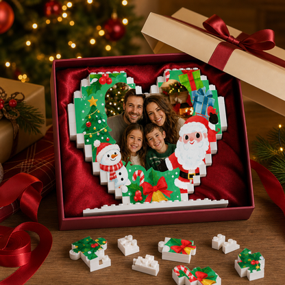 Personalized Photo Heart Building Block in Emerald Green & Red, Custom Family Picture Santa & Snowman Xmas Brick Puzzle Keepsake Decor, Festive Christmas Desk Gift