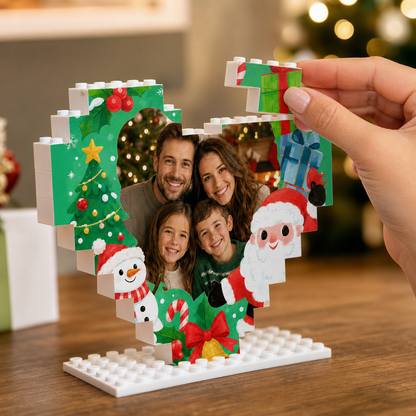 Personalized Photo Heart Building Block in Emerald Green & Red, Custom Family Picture Santa & Snowman Xmas Brick Puzzle Keepsake Decor, Festive Christmas Desk Gift