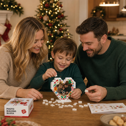 Personalized Photo Heart Building Block in White & Red, Custom Family Picture Doodles Santa & Snowman Brick Puzzle Keepsake Decor, Festive Christmas Desk Gift