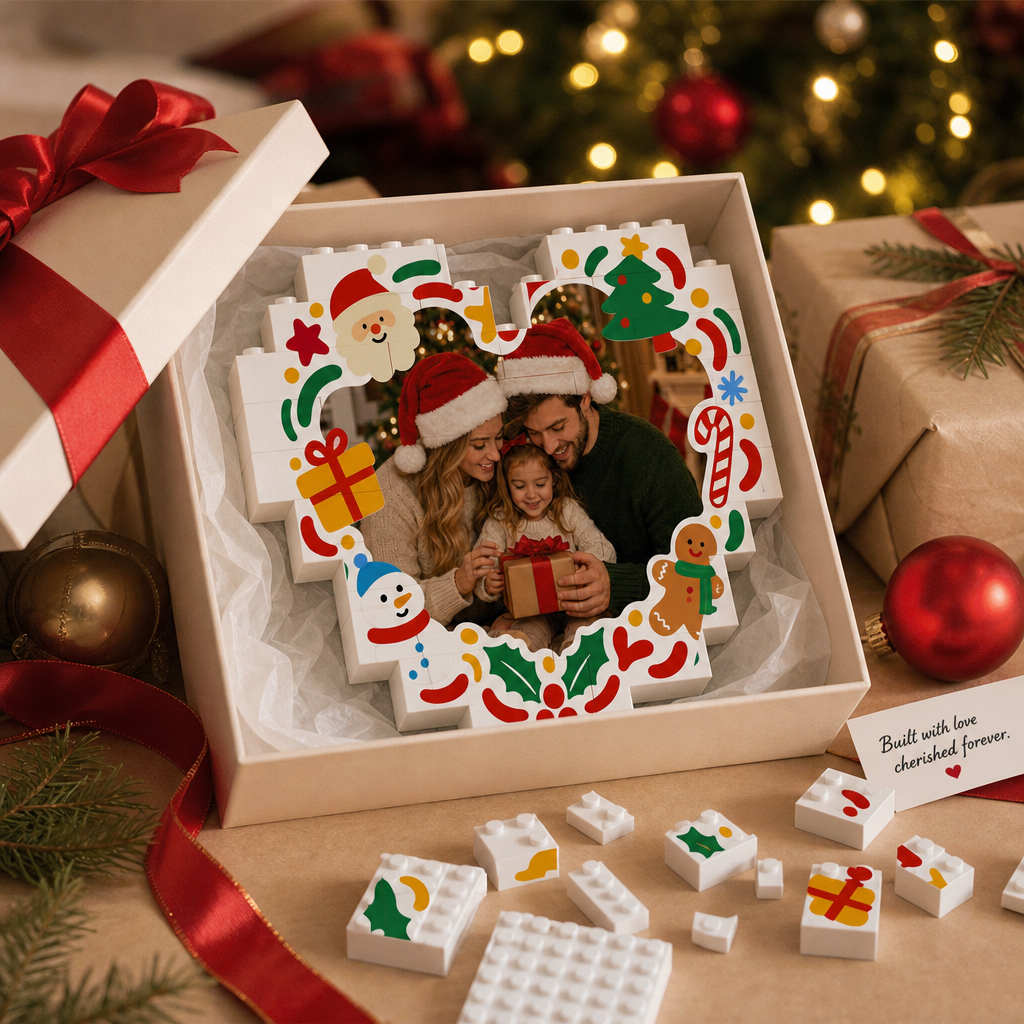 Personalized Photo Heart Building Block in White & Red, Custom Family Picture Doodles Santa & Snowman Brick Puzzle Keepsake Decor, Festive Christmas Desk Gift