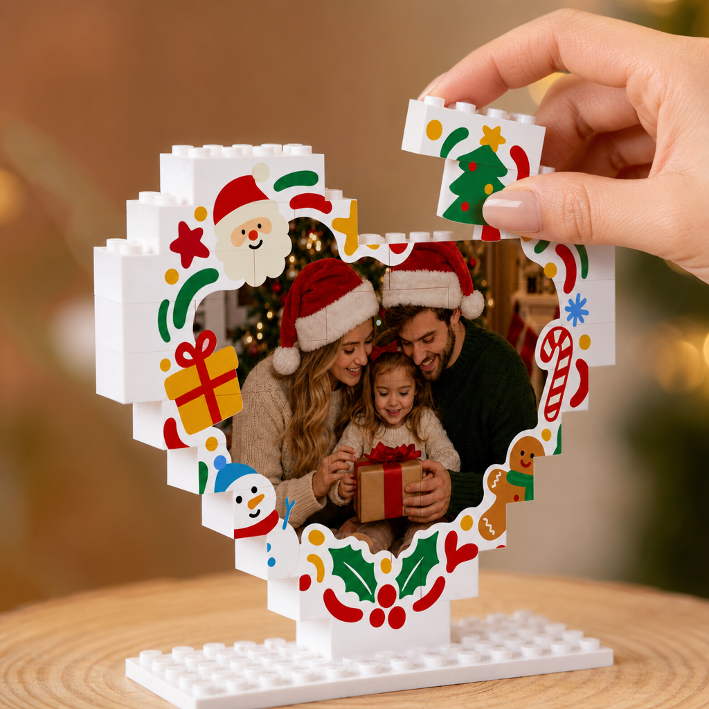 Personalized Photo Heart Building Block in White & Red, Custom Family Picture Doodles Santa & Snowman Brick Puzzle Keepsake Decor, Festive Christmas Desk Gift
