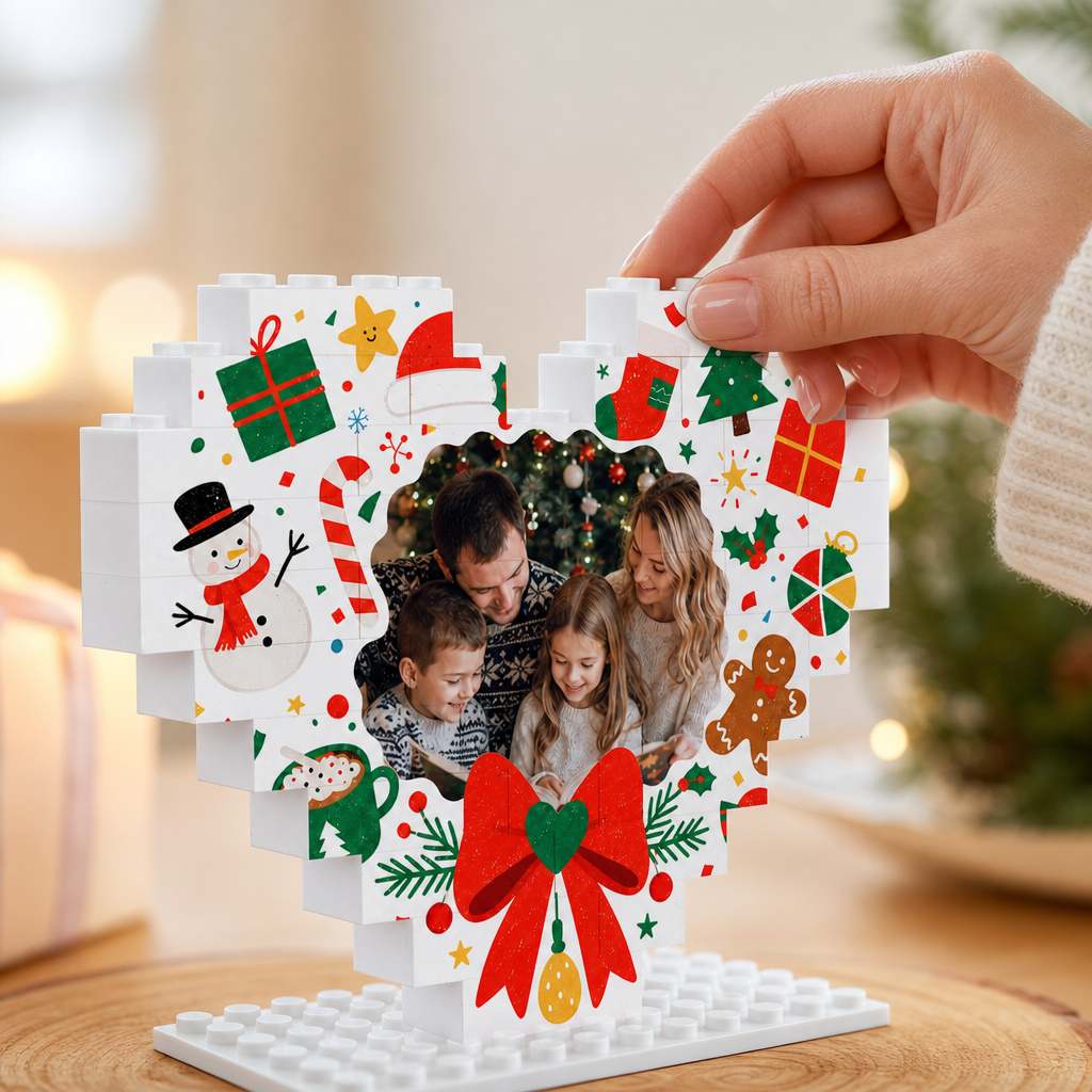 Personalized Photo Heart Building Block in White & Red Bow, Custom Family Picture Snowman & Gingerbread Xmas Brick Puzzle Keepsake Decor, Festive Christmas Desk Gift