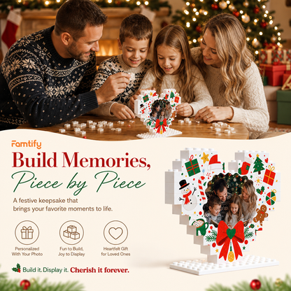 Personalized Photo Heart Building Block in White & Red Bow, Custom Family Picture Snowman & Gingerbread Xmas Brick Puzzle Keepsake Decor, Festive Christmas Desk Gift
