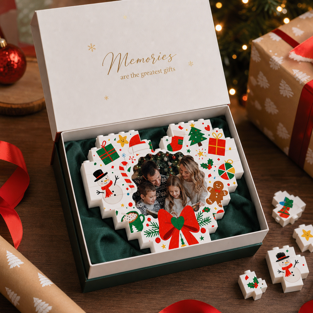 Personalized Photo Heart Building Block in White & Red Bow, Custom Family Picture Snowman & Gingerbread Xmas Brick Puzzle Keepsake Decor, Festive Christmas Desk Gift