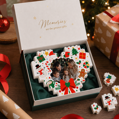 Personalized Photo Heart Building Block in White & Red Bow, Custom Family Picture Snowman & Gingerbread Xmas Brick Puzzle Keepsake Decor, Festive Christmas Desk Gift
