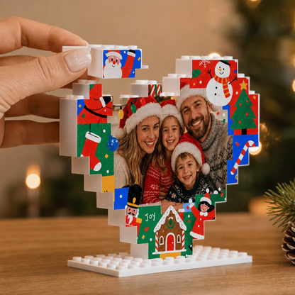 Personalized Photo Heart Building Block in Red & Blue, Custom Family Picture Gingerbread House & Nutcracker Xmas Brick Puzzle Keepsake Decor, Festive Christmas Desk Gift