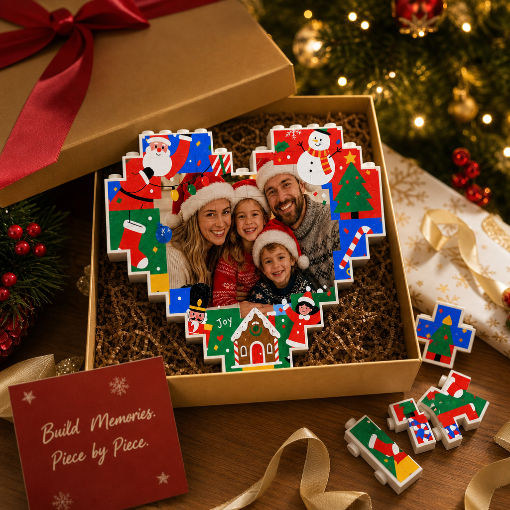 Personalized Photo Heart Building Block in Red & Blue, Custom Family Picture Gingerbread House & Nutcracker Xmas Brick Puzzle Keepsake Decor, Festive Christmas Desk Gift