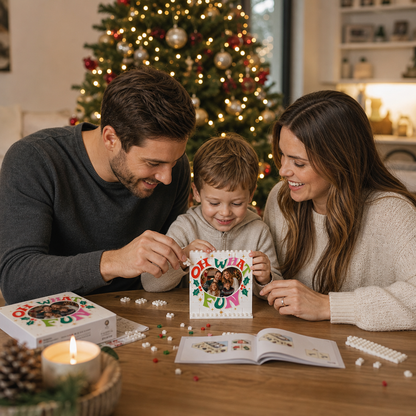 Personalized Photo Christmas Building Block in White, Custom Family Picture Retro "OH WHAT FUN" Typography Brick Puzzle Keepsake Decor, Festive Holiday Desk Gift