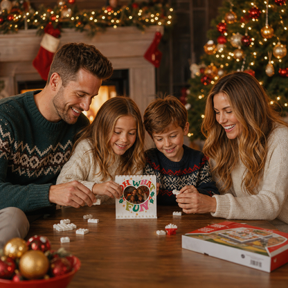 Personalized Photo Christmas Building Block in White, Custom Family Picture Retro "OH WHAT FUN" Typography Brick Puzzle Keepsake Decor, Festive Holiday Desk Gift