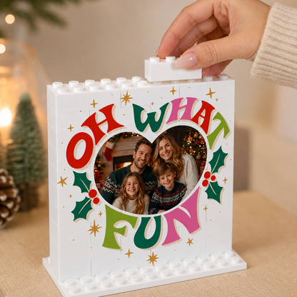Personalized Photo Christmas Building Block in White, Custom Family Picture Retro "OH WHAT FUN" Typography Brick Puzzle Keepsake Decor, Festive Holiday Desk Gift