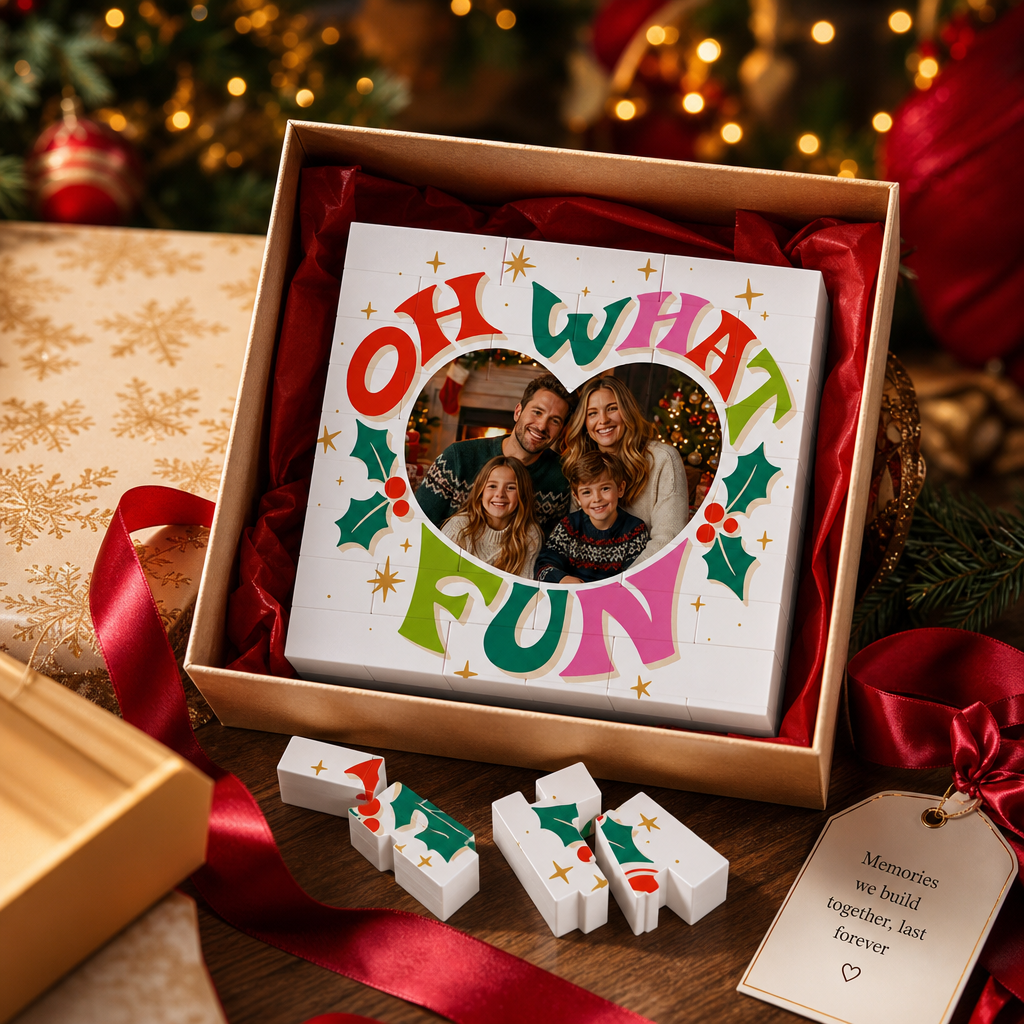 Personalized Photo Christmas Building Block in White, Custom Family Picture Retro "OH WHAT FUN" Typography Brick Puzzle Keepsake Decor, Festive Holiday Desk Gift