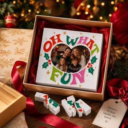 Personalized Photo Christmas Building Block in White, Custom Family Picture Retro "OH WHAT FUN" Typography Brick Puzzle Keepsake Decor, Festive Holiday Desk Gift