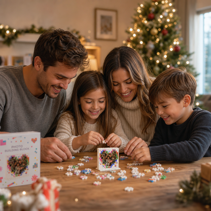 Personalized Photo Christmas Building Block in White, Custom Family Picture Pixel Heart & Colorful Confetti Brick Puzzle Keepsake Decor, Festive Holiday Desk Gift