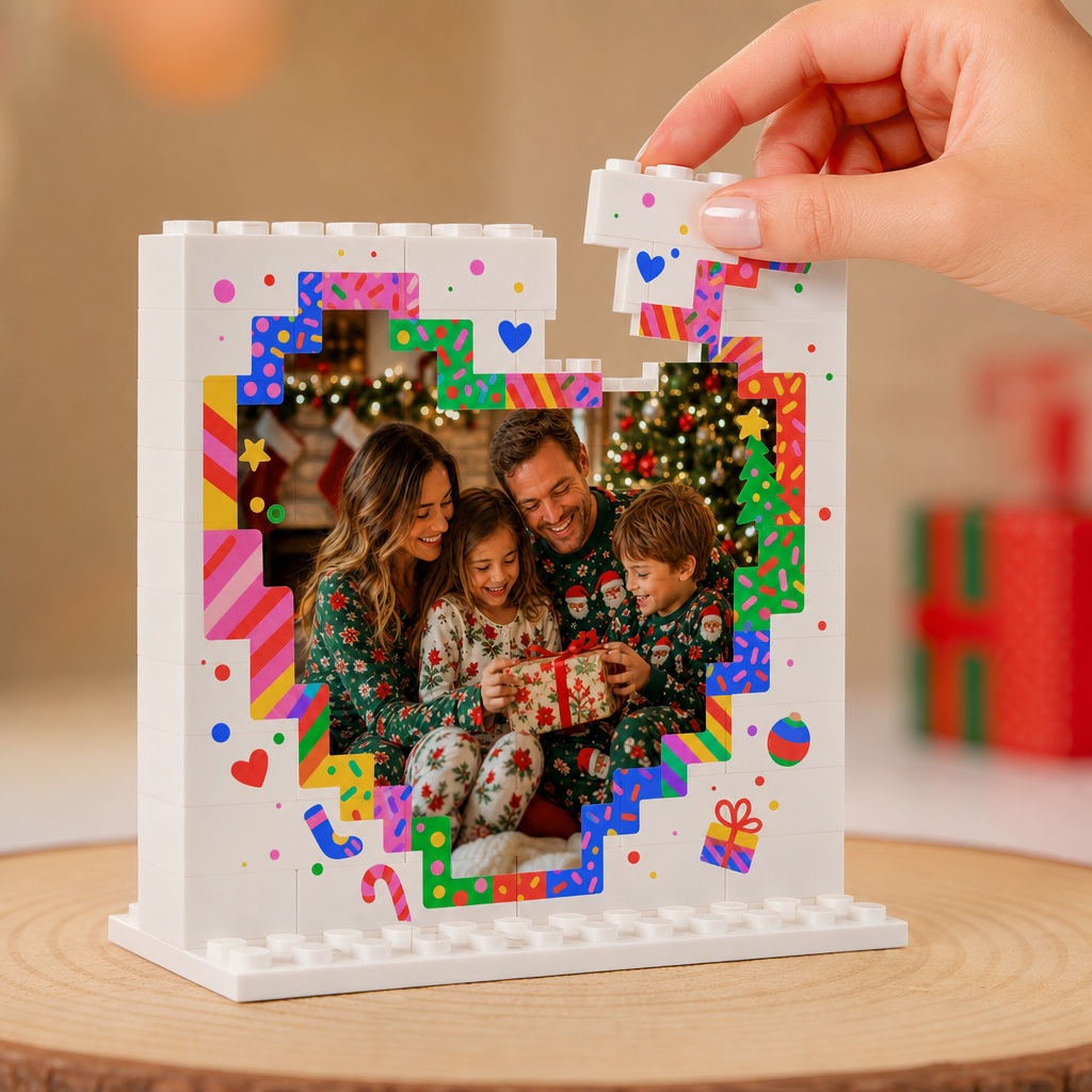 Personalized Photo Christmas Building Block in White, Custom Family Picture Pixel Heart & Colorful Confetti Brick Puzzle Keepsake Decor, Festive Holiday Desk Gift