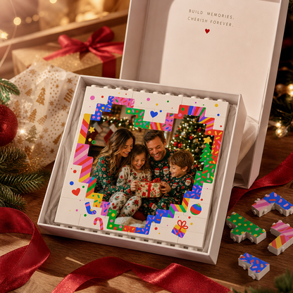 Personalized Photo Christmas Building Block in White, Custom Family Picture Pixel Heart & Colorful Confetti Brick Puzzle Keepsake Decor, Festive Holiday Desk Gift