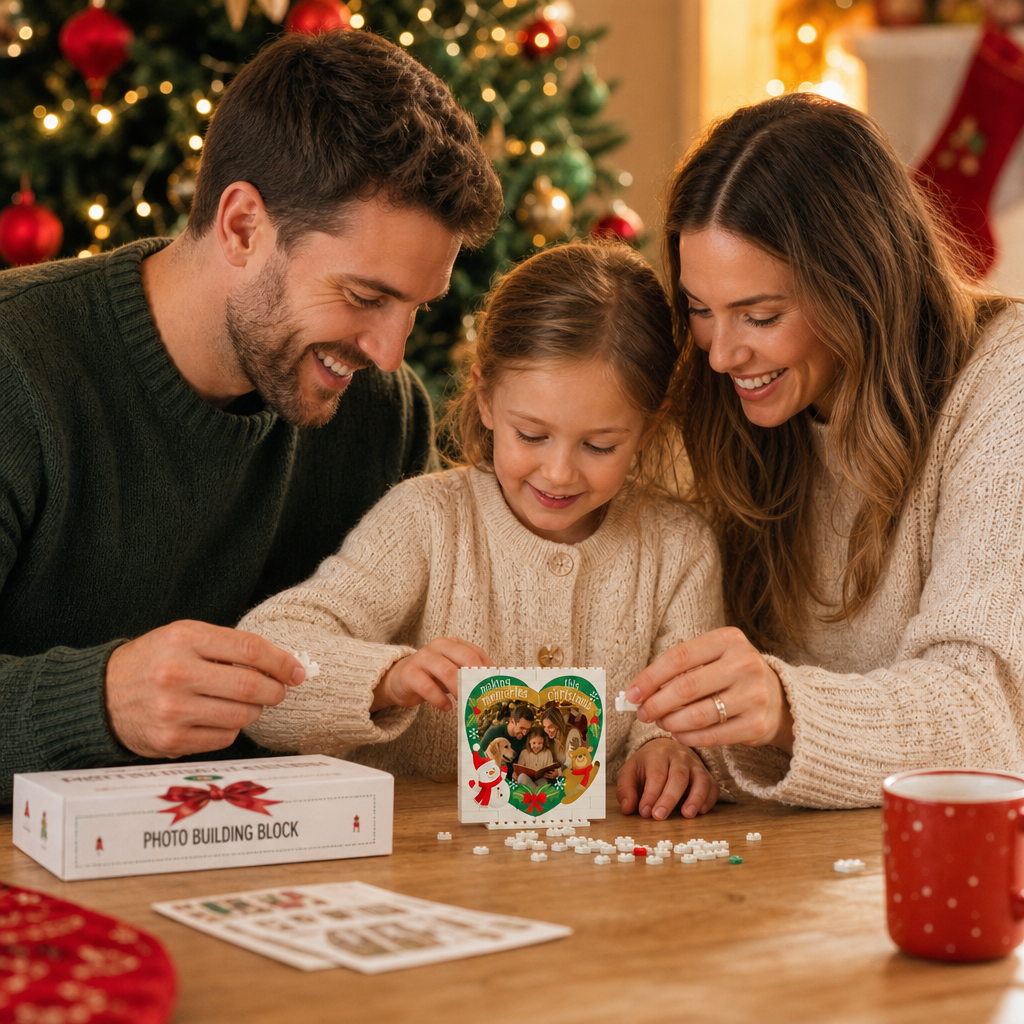 Personalized Photo Christmas Building Block in White, Custom Family Picture Reindeer & Snowman Heart Brick Puzzle Keepsake Decor, Festive Holiday Desk Gift