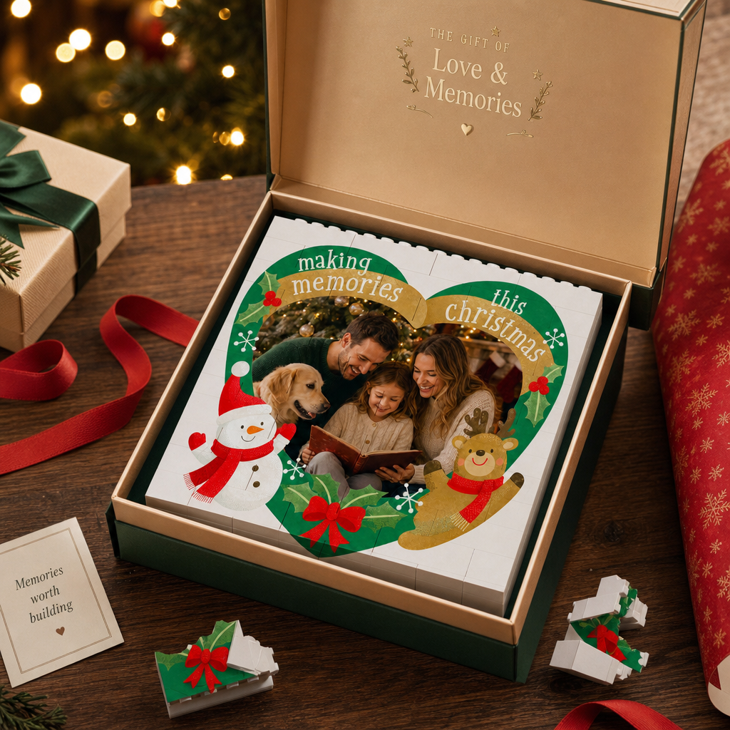 Personalized Photo Christmas Building Block in White, Custom Family Picture Reindeer & Snowman Heart Brick Puzzle Keepsake Decor, Festive Holiday Desk Gift