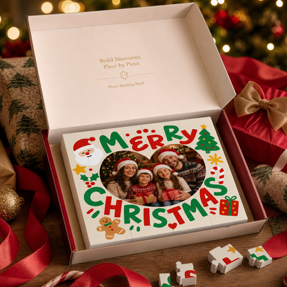 Personalized Photo Christmas Building Block in White, Custom Family Picture Merry Christmas Heart Brick Puzzle Keepsake Decor, Festive Holiday Desk Gift