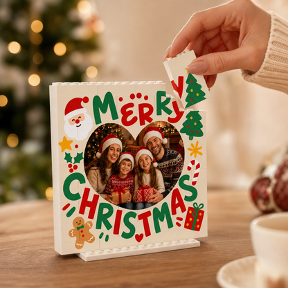 Personalized Photo Christmas Building Block in White, Custom Family Picture Merry Christmas Heart Brick Puzzle Keepsake Decor, Festive Holiday Desk Gift
