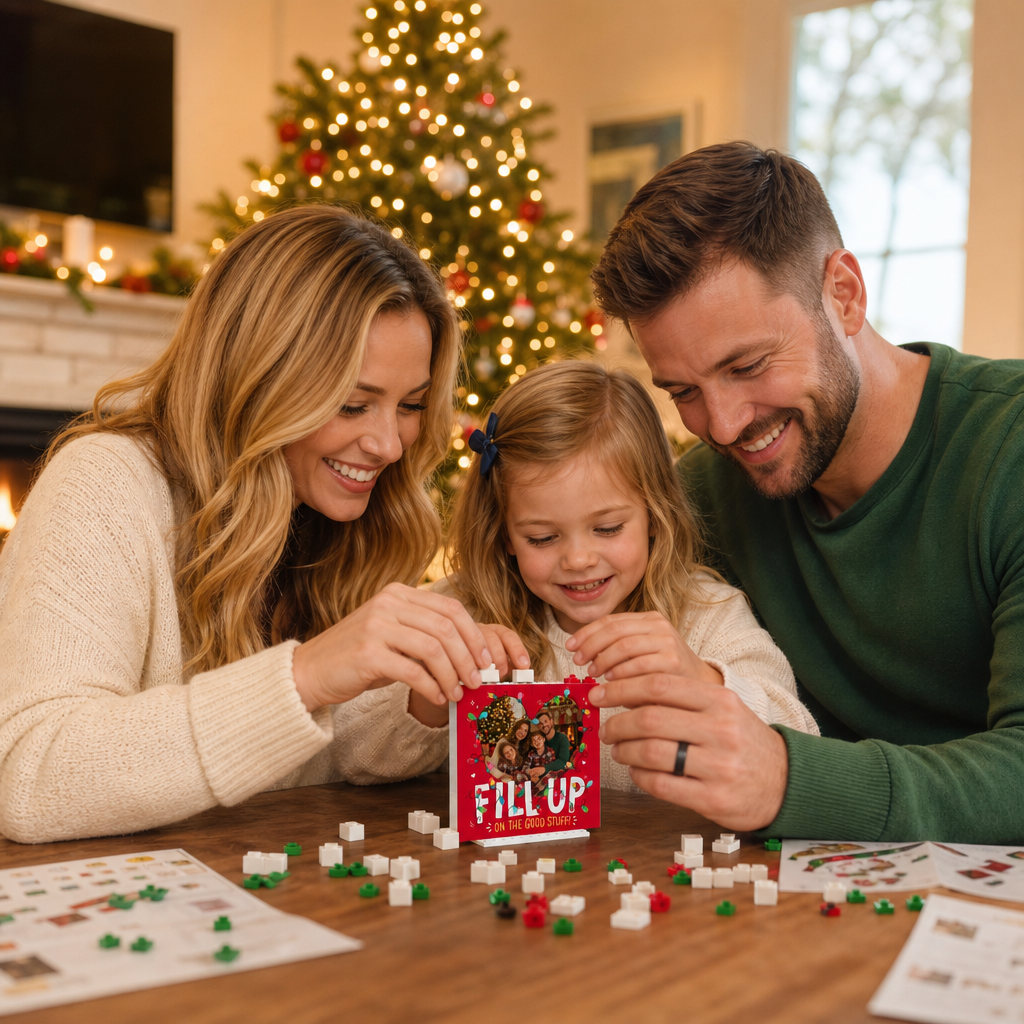 Personalized Photo Christmas Building Block in Festive Red, Custom Family Picture Xmas Fairy Lights "Fill Up On The Good Stuff" Brick Puzzle Keepsake Decor, Holiday Desk Gift